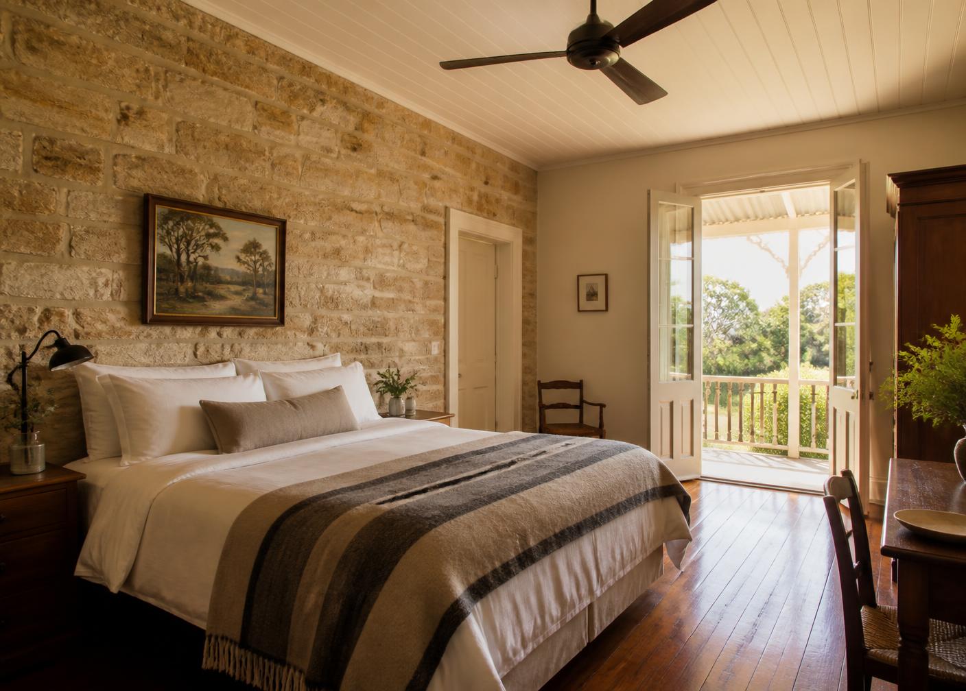 Heritage bedroom with stone walls opening onto the verandah